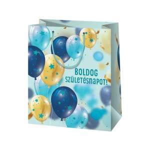 Geantă cadou mare cu baloane albastre și aurii cu textul "Boldog Születésnapot!" - Ambalaje cadouri