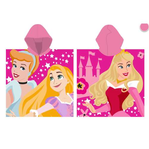 Disney Hercegnők kapucnis törölköző gyerekeknek, Csipkerózsika, Rapunzel és Aurora szerepel rajta, rózsaszín csillagokkal és kastélyos mintával - Fürdetési kellék