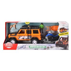Dickie Winter Rescue playset with SUV, snowmobile, figure, and dog toy in packaging - Toy