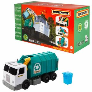 Camion de reciclare Matchbox cu container și ambalaj. O mașină de gunoi de jucărie pentru copii. - Mattel Maşinuţe