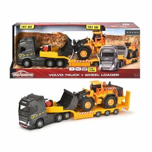 Majorette Volvo Truck and Wheel Loader Toy Set, diecast construction vehicle carrier with bulldozer - Majorette