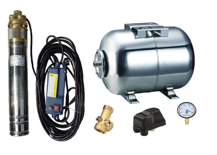 Kit complet sistem hidrofor, pompa submersibila APC SKM 100/24, rezervor 24L din inox, presostat, racord 5 cai, manometru