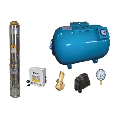 Komplett hidrofor rendszer készlet, merülő vízszivattyú Raider RD-WP31/80, 80 literes tartály nyomásmérővel, nyomáskapcsoló, 5-utas csatlakozás, nyomásmérő