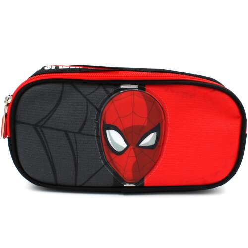 Spiderman pencil case with two compartments, red and black, with Spiderman face on the front