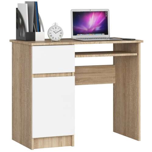 Pixel computer desk in sonoma oak and white, with a drawer and a door