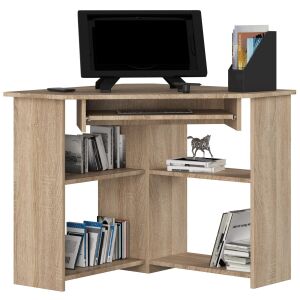 Akord Corner Desk - Stejar Sonoma, 80x74x80 cm, blat laminat, capac ABS, 5 rafturi, raft pentru tastatură