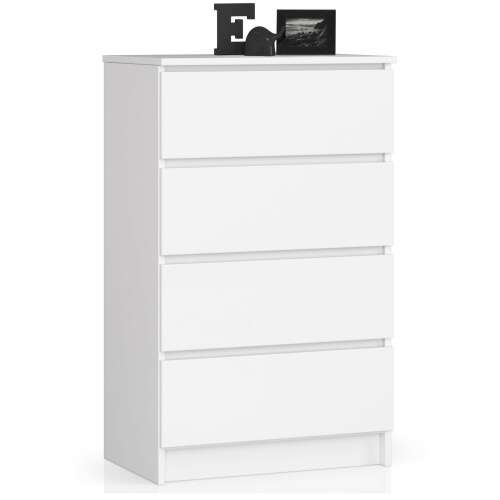 Akord – K60 Fehér Komód 4 Fiókos, 60x99x40 cm, Laminált Lap, Matt Felület, ABS Élzárás, Összeszerelési Útmutatóval
