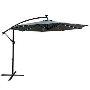 MILIN light grey cantilever patio umbrella with LED lights, 300cm wide, 245cm high, black frame