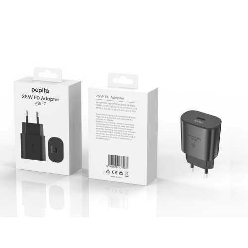Pepita 25W USB-C PD adapter, black, fast charging, EU plug