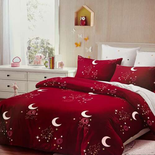 Bordó 4 részes ágynemű szett hold és csillag mintával