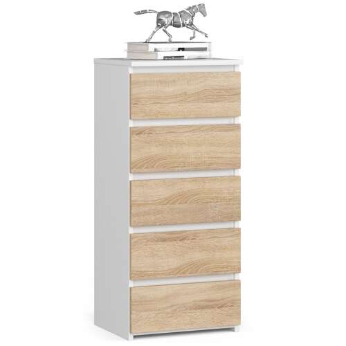 Akord - CLP Komód 5 Fiókos 40x92x35 cm, Bútorlap Fehér/Dió Sonoma, Összeszerelés szükséges