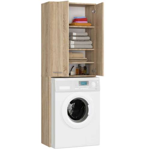 FIN Washing Machine Cabinet P180_64 - Sonoma, 2-door cabinet for above washing machine, wood-look finish, open doors showing shelves