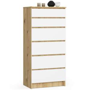 Akord Komód 6 Fiókos CLP Dió Artisan/Fehér, Matt Felület, 60x130x40 cm, Laminált Lap, ABS Élzárás, Önálló Összeszerelés