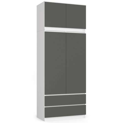 AKORD P234_90 gardróbszekrény bővítéssel, fehér/szürke, 90cm széles, 234cm magas, 51cm mély, 2 ajtó, 2 fiók