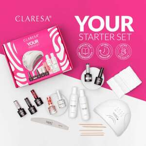 Claresa Your Starter Set, gél lakk kezdőkészlet, tartalmaz UV/LED lámpát, alapzselét, fedőzselét, gél lakk színeket, körömbőr eltávolítót, kutikulaolajat, tisztítót, lemosót, reszelőt, narancsfa pálcikákat és törlőkendőket - Műkörmös szett