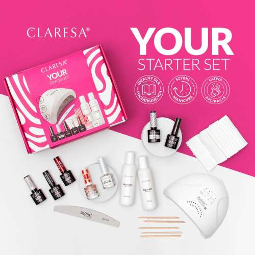 Claresa Your Starter Set, gél lakk kezdőkészlet, tartalmaz UV/LED lámpát, alapzselét, fedőzselét, gél lakk színeket, körömbőr eltávolítót, kutikulaolajat, tisztítót, lemosót, reszelőt, narancsfa pálcikákat és törlőkendőket