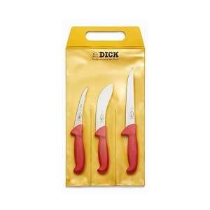 F. Dick ErgoGrip hunting knife set, 3 pieces, indoor, red handles, stainless steel blades, in yellow packaging - Hunting & Survival Knife