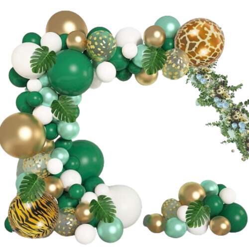 Jungle Safari balloon arch kit, 91 pieces, green, gold, white, and animal print balloons, perfect for baby showers, birthdays, and other celebrations