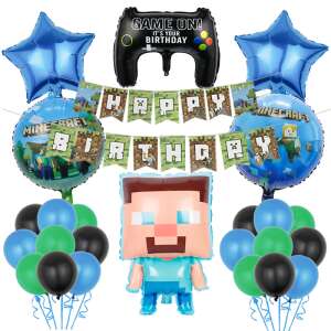 Set de decorațiuni pentru petrecerea de ziua de naștere Minecraft cu baloane, banner și un personaj Minecraft - Baloane
