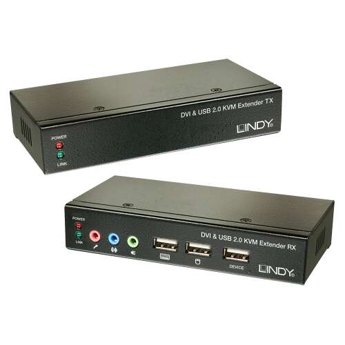 Lindy DVI & USB 2.0 KVM Extender TX und RX, schwarz, Vorder- und Rückseite