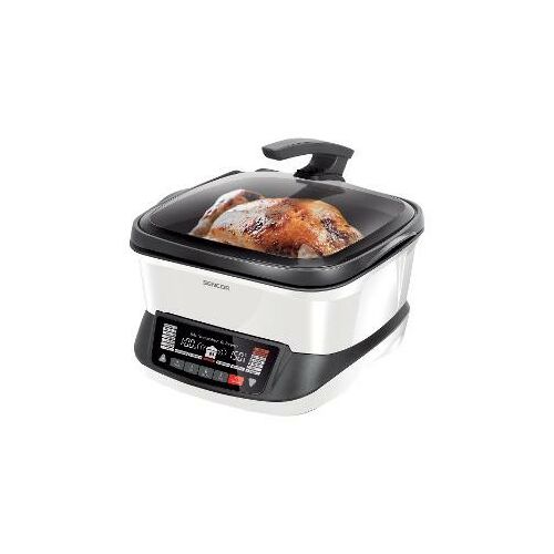 Sencor SFR 9400WH multi cooker with cooked chicken inside, silver and black
