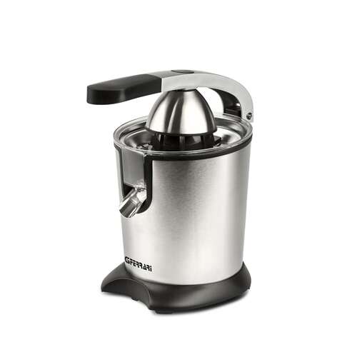 G3 Ferrari Citrus Juicer, stainless steel, black handle, angled view