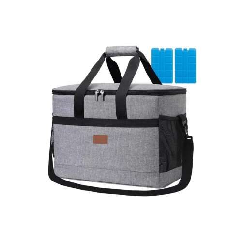Vízálló, textilborítású hűtőtáska, strandoláshoz, kempingezéshez, 20 liter kapacitással, 2 db jégakkuval, szürke 98154253
