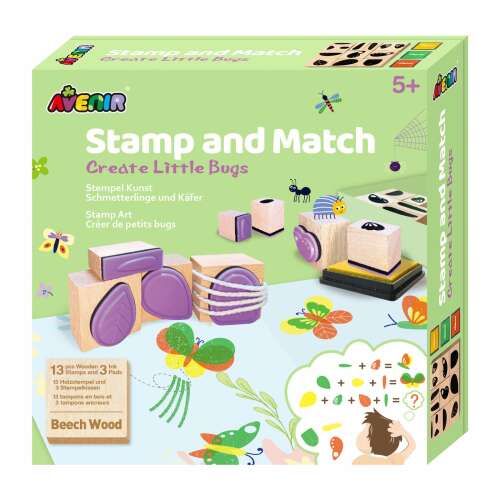 Avenir Stamp and Match Create Little Bugs wooden stamp set for kids, featuring 13 stamps, 3 ink pads, 3 printable pictures, and 1 string
