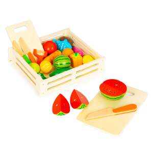 Wooden play food set with vegetables and fruits, including a crate, cutting board, knives, and a peeler - Multistore