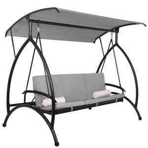 Springos Joko 3 személyes kerti hintaágy tetővel, fekete vázzal és szürke párnákkal, ferde nézet - Hintaágy & Hintaszék