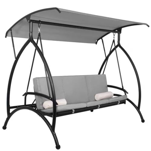 Springos Joko 3 személyes kerti hintaágy tetővel, fekete vázzal és szürke párnákkal, ferde nézet