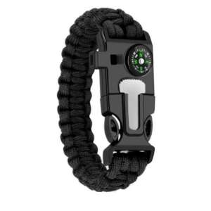 Black paracord survival bracelet with compass, whistle, fire starter, and knife - Sport & Leisure