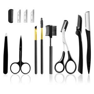 11 piece eyebrow and eyelash shaping tool set, stainless steel, black - OEM