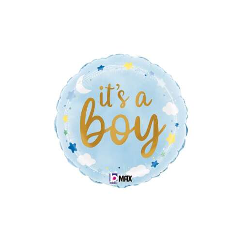 Kék fólia lufi "It's a Boy" felirattal, csillagokkal és felhőkkel
