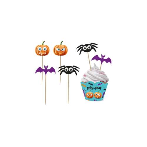 Trick or Treat süti beszúrók, Halloweeni party dekorációk, tök, pók, denevér, süti beszúrók