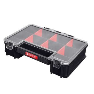 QBRICK System Two Multi Organizer mit verstellbaren Trennwänden, klarem Deckel und schwarzem Boden. - Qbrick System