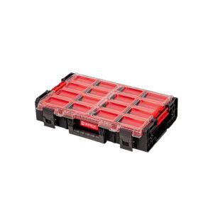 Qbrick System ONE XL Long Bin Organizer mit klarem Deckel und roten Trennwänden - Werkzeug- & Teilesortierer
