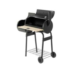 LUND Faszenes grillsütő, czarny offset smoker z drewnianym stolikiem bocznym, dwoma kołami i dolną półką - Grillowanie i gotowanie na świeżym powietrzu