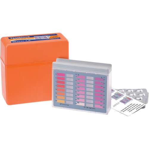PoolTester PT100 water test kit for measuring pH and chlorine levels, includes 20 tablets each of Phenol Red and DPD-1
