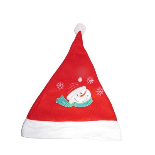 Piros Mikulás sapka hóember mintával, tökéletes karácsonyi partikhoz és ünnepekhez.