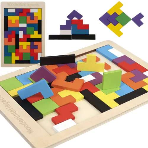 Fa intelligencia kirakós 40 színes blokkal, 27x18cm - Fa építőjáték
