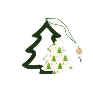 Ornament brad de Crăciun din lemn verde cu un model alb și verde, 10 x 8.5 cm - Crăciun