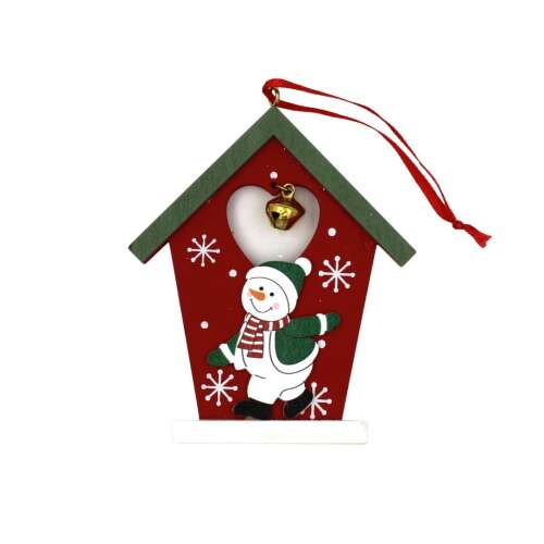 Wooden snowman Christmas tree ornament, red and green house shape with bell