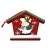 Wooden snowman Christmas tree ornament, red and green house shape with bell, front view