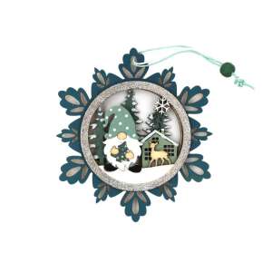 Ornament de Crăciun din lemn cu un gnom, un cerb și o casă într-un design de fulg de nea - Crăciun