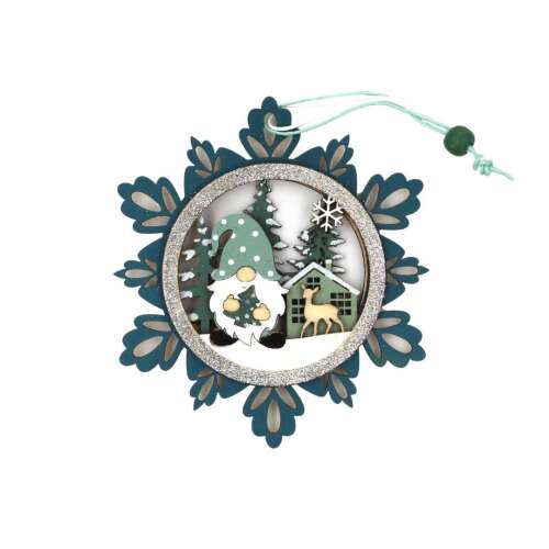 Ornament de Crăciun din lemn cu un gnom, un cerb și o casă într-un design de fulg de nea
