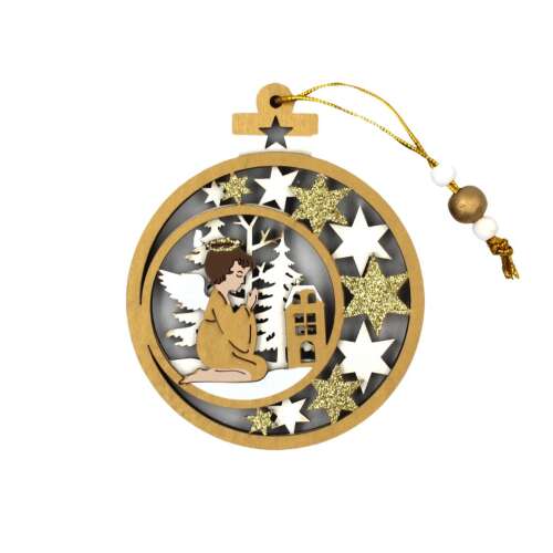 Wooden Christmas ornament with an angel and stars, 10.5x8.5 cm