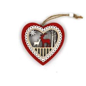 Ornament de Crăciun din lemn, în formă de inimă roșie, cu design de ren și căprioară - Crăciun