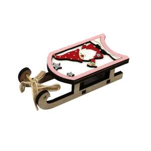 Wooden Christmas tree ornament, gnome on a sleigh, pink and white, 11x5x3 cm - Christmas tree ornament