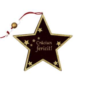 Red and gold wooden star Christmas ornament with "Crăciun fericit!" inscription, 12x12 cm - Christmas tree ornament